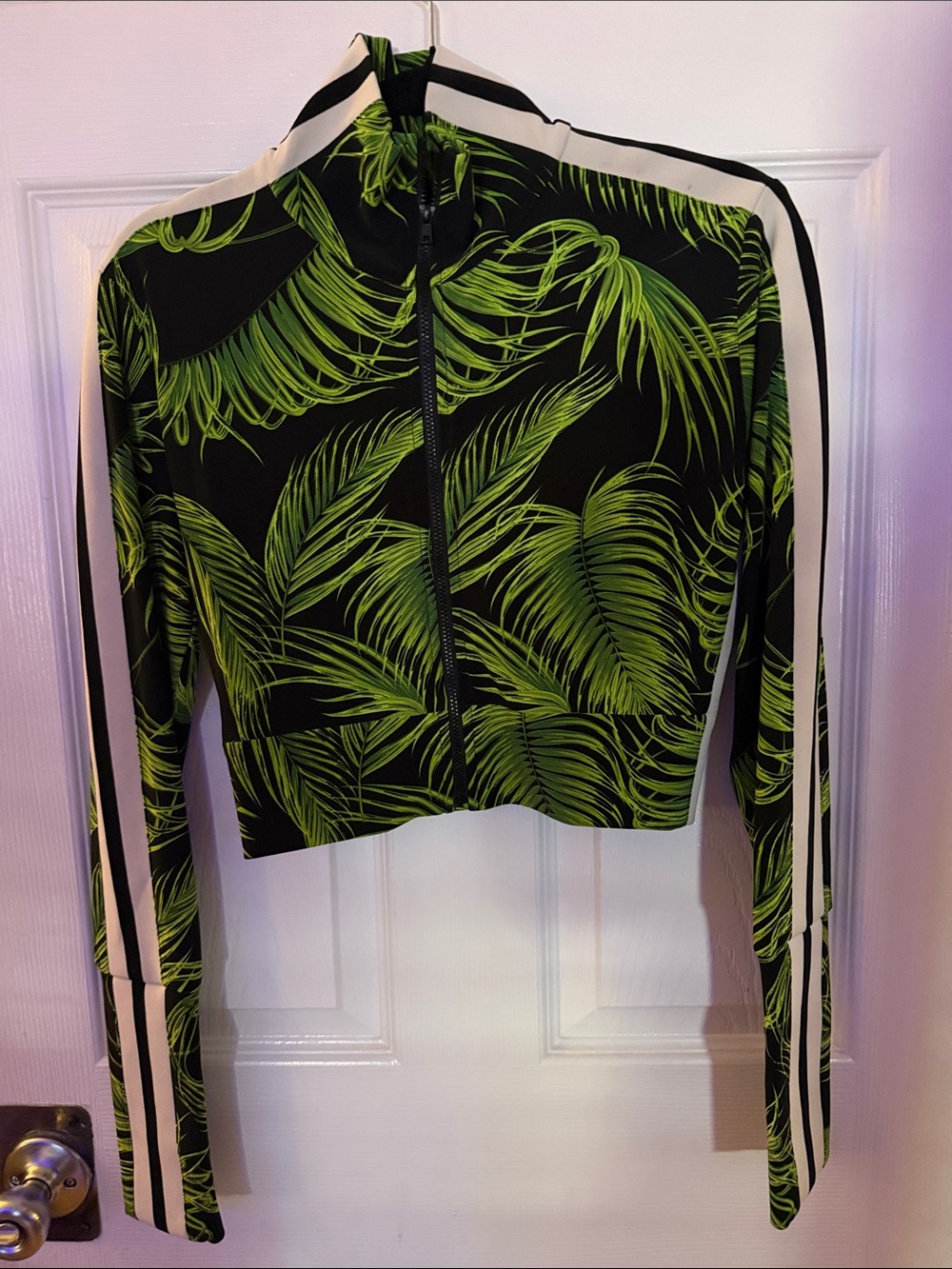 Norma Kamali Black Crop Zip Sweater with Neon Green Palm Print and White Stripes